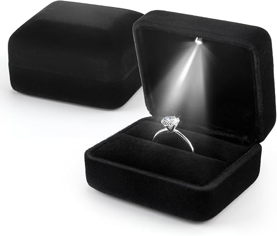 Ring Box with LED Light Velvet Ring Case for Jewelry Display Gift Luxury Auto Lighted Up for Proposal Wedding Engagement Anniversary Couple for Ring up to 2.3 cm (Black, Square 6*5*3.8 cm)