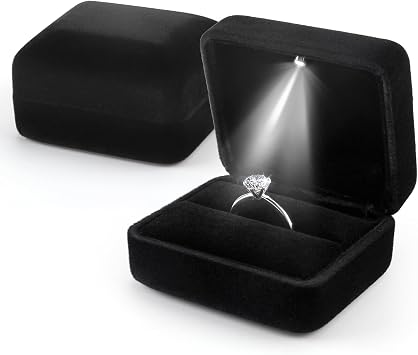 Ring Box with LED Light Velvet Ring Case for Jewelry Display Gift Luxury Auto Lighted Up for Proposal Wedding Engagement Anniversary Couple for Ring up to 2.3 cm Black, Square 6*5*3.8 cm