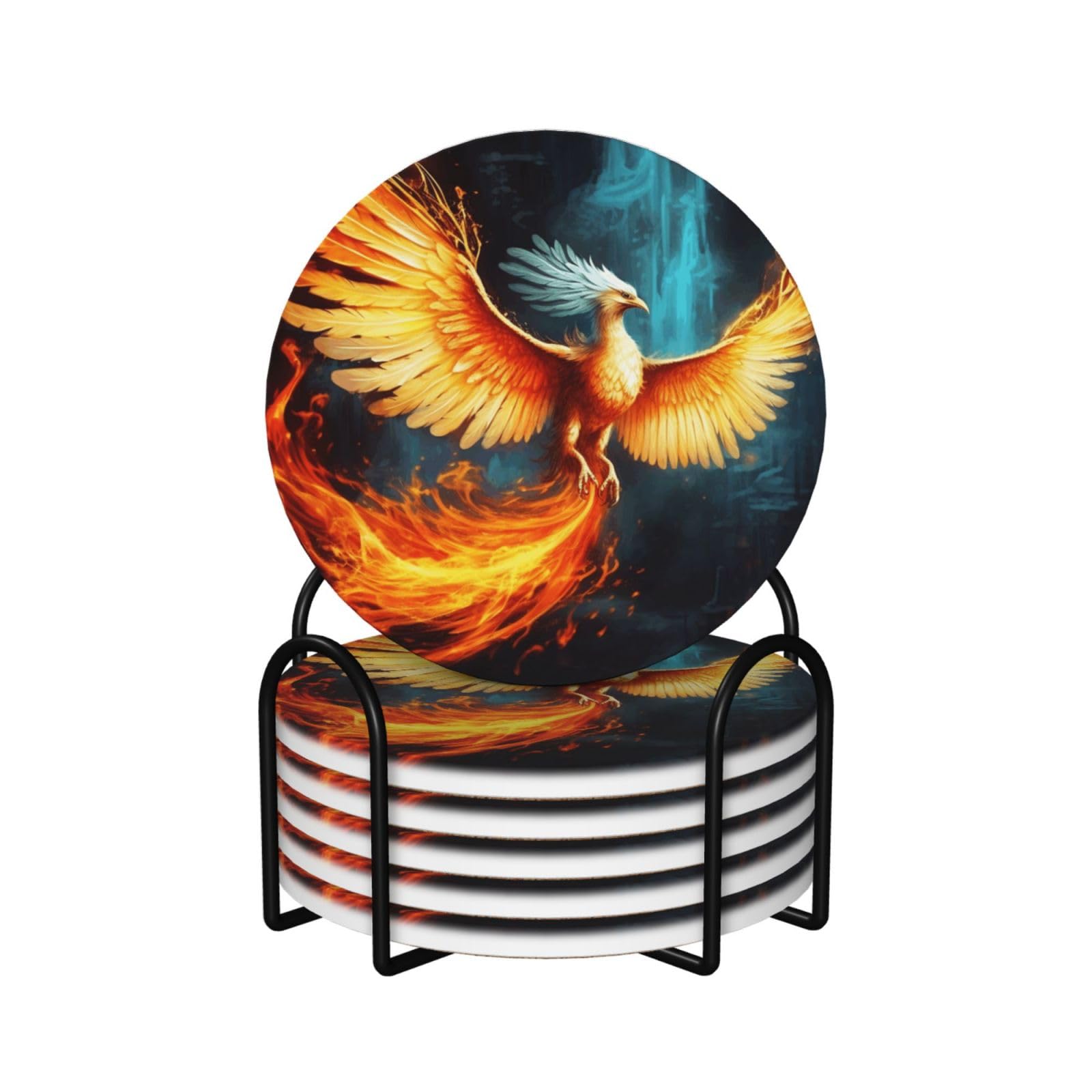 6Pcs Ceramics Coaster for Drinks, Beautiful Phoenix Cup Coasters with Holder, Aesthetic Drink Coasters for Coffee Table, Absorbent Round Coaster for Tabletop Protection 4" Cup Mat Pad