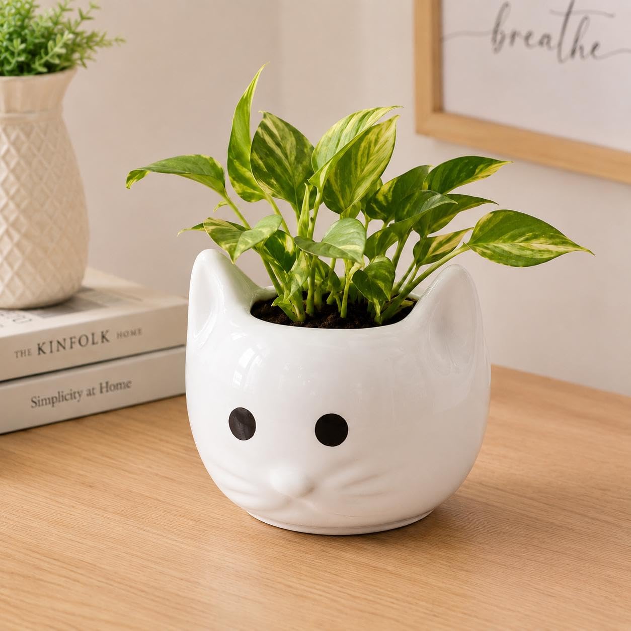 Cute Cat Face Ceramic Planter Pot 13 x 10 cm for Indoor Plants, Succulents, Cactus & Money Plant, Decorative Flower Pot for Home, Office, Living Room, Balcony & Tabletop Décor White-image-10