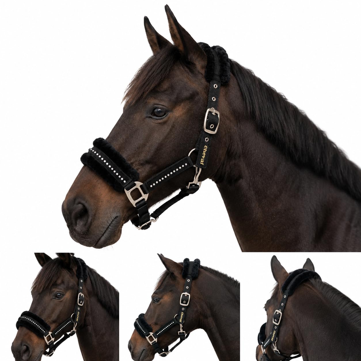 Halfter für Pferde mit Glitzer Steinen, Fell Halfter Pferd in schwarz mit Strass, 2-Fach verstellbar (Schwarz, Shetland Pony (Shetty))