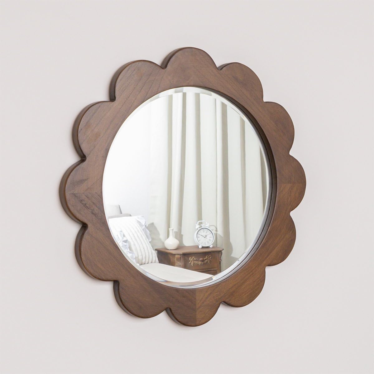 Melody Maison Dark Wood Scalloped Edge Bevelled Wall Mirror - 70Cm