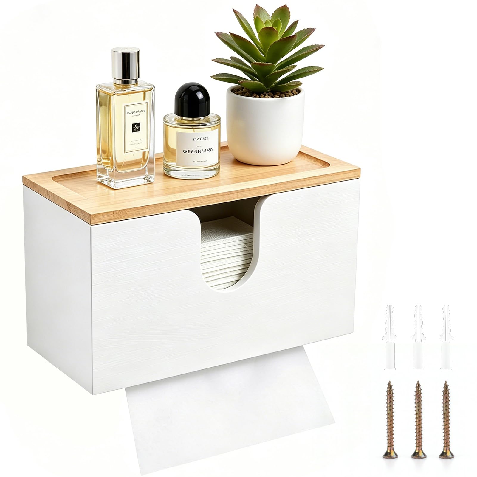 Distributeur Essuie Main Mural en Bambou,27.5x16x13cm,Distributeur de Papier Multifonction,Couvercle Magnétique, Compatible Pliées V/C/Z, Cuisine & Salle de Bain