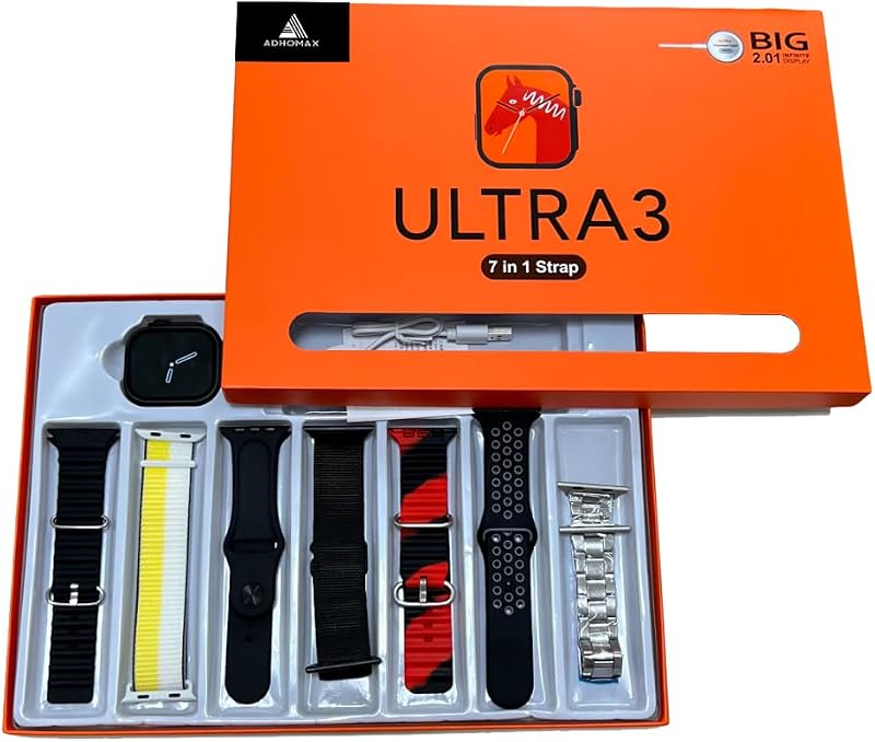 Ultra3 Smart Watch, Elegant Design 49MM, Fitness Tracker, Calls, Wireless Charging, for IOS & android store, for men and women, 7 straps, straps print and package box may vary (orange)