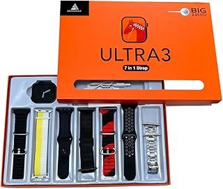 ساعة الترا 3 ذكية بتصميم أنيق للرجال والنساء، متتبع اللياقة البدنية، مكالمات وشحن لاسلكي للمكالمات، متوافقة مع تطبيق IOS وأندرويد، 7 أساور، قد تختلف طباعة الأساور، مقاس 49 ملم (أسود) من ادهوماكس