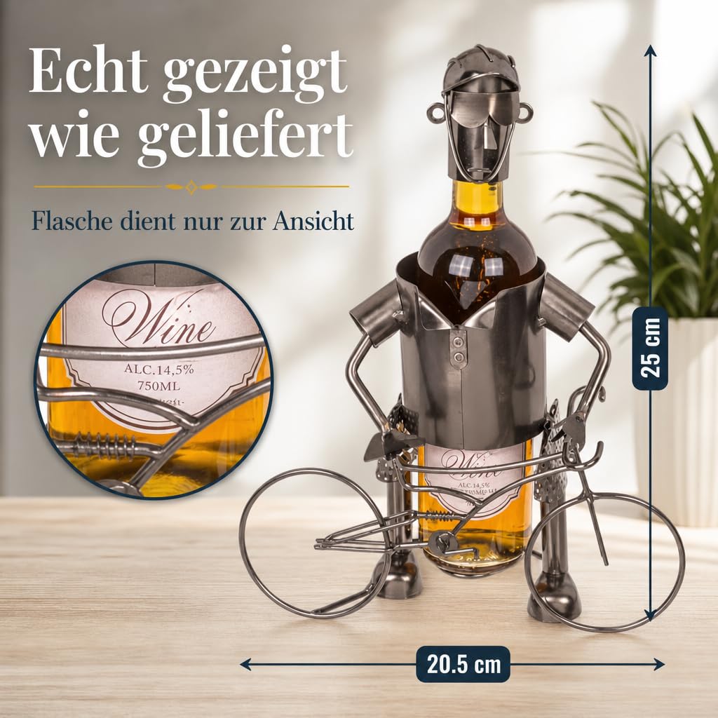 MIJOMA Weinflaschenhalter Fahrradfahrer aus Metall – Deko-Weinständer für 1 Flasche, Handarbeit, originell für Radfahrer, Flaschenhalter Eisen, 25x13x20,5 cm