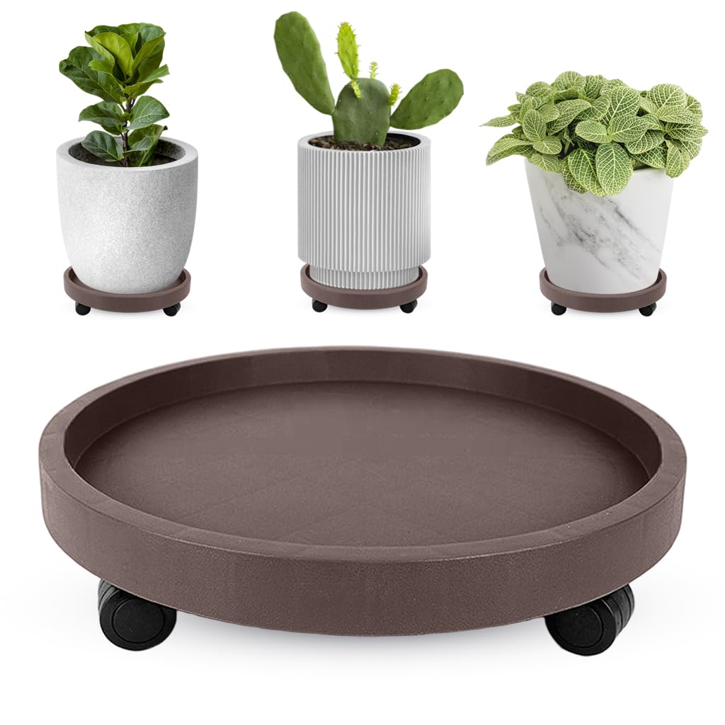 HASTHIP® 25cm Plant Pot Stand with Wheels, Round Mobile Planter Tray with 4 Wheels, Rolling Plant Caddy Saucer, Resin Plant Stand with Smooth Casters for Indoor & Outdoor Use, Brown-image-17