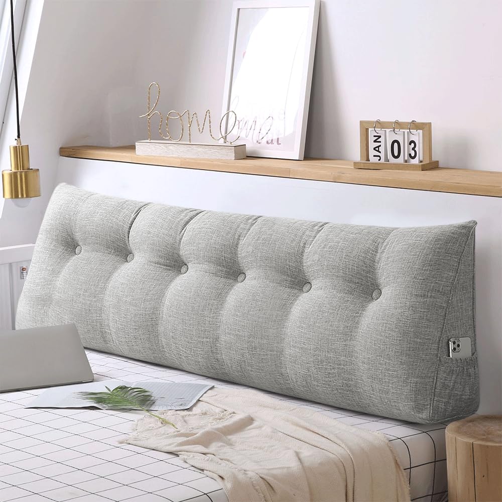 OHMG Cuscino per schienale, cuscino con zeppa adatto per letto e divano, cuscini di lettura e lombare, cuscini con collo rimovibile e fodera lavabile, pratica tasca laterale (grigio chiaro, 180 x 50 x