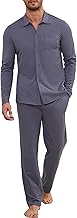 Men's Long Cotton Two-Piece Pyjama Nightwear Set with V-Neck Design and Button Placket