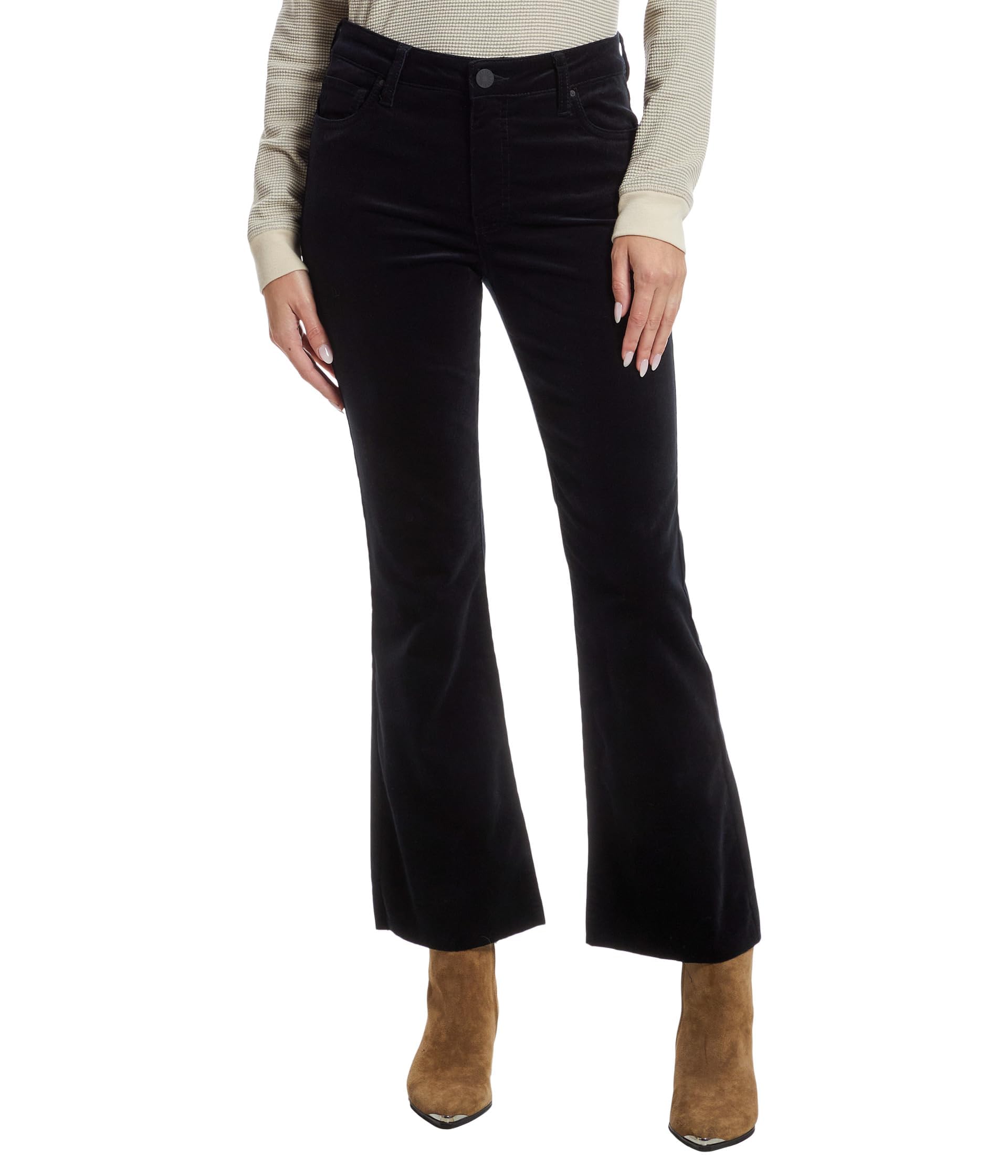 KUT from The Kloth Womens Kelsey Corduroy High-Rise Fab Ab Ankle Flare with Raw Hem in Black
