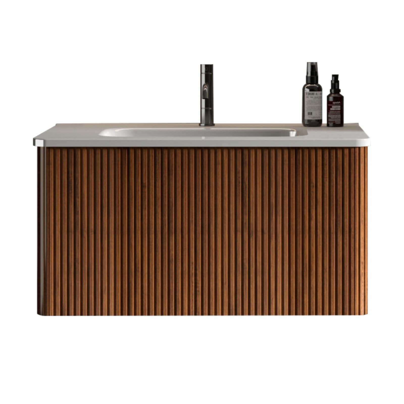 YSJZYBF 30" Modern Walnut Bathroom Vanity Sink Cabinet Combo with Soft Close Drawers, Glossy White Ceramic Sink, Wall-Mount Installation