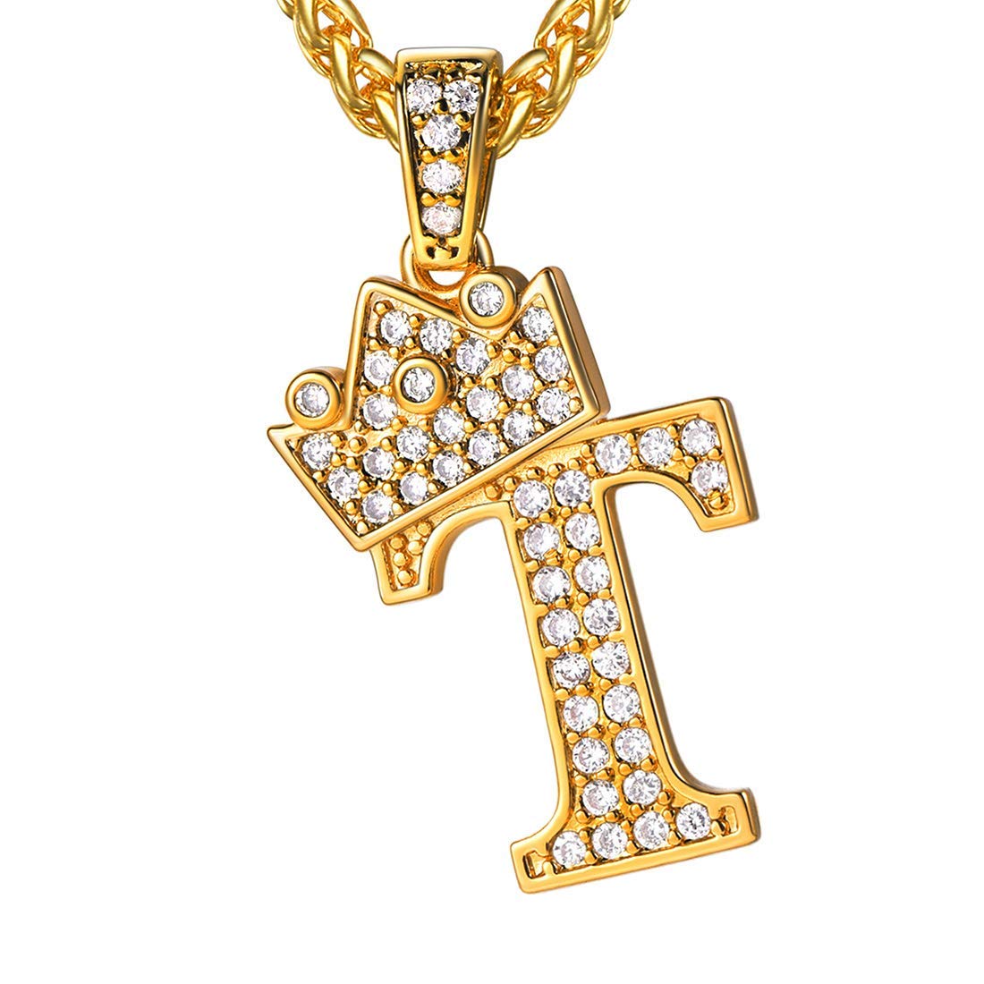 U7 Crown Initial Necklace Men Women, Bling Diamond A-Z 0-9 Letter Pendant with Wheat Chain, Silver/Black/Gold Plated CZ Alphabet Number Hip Hop