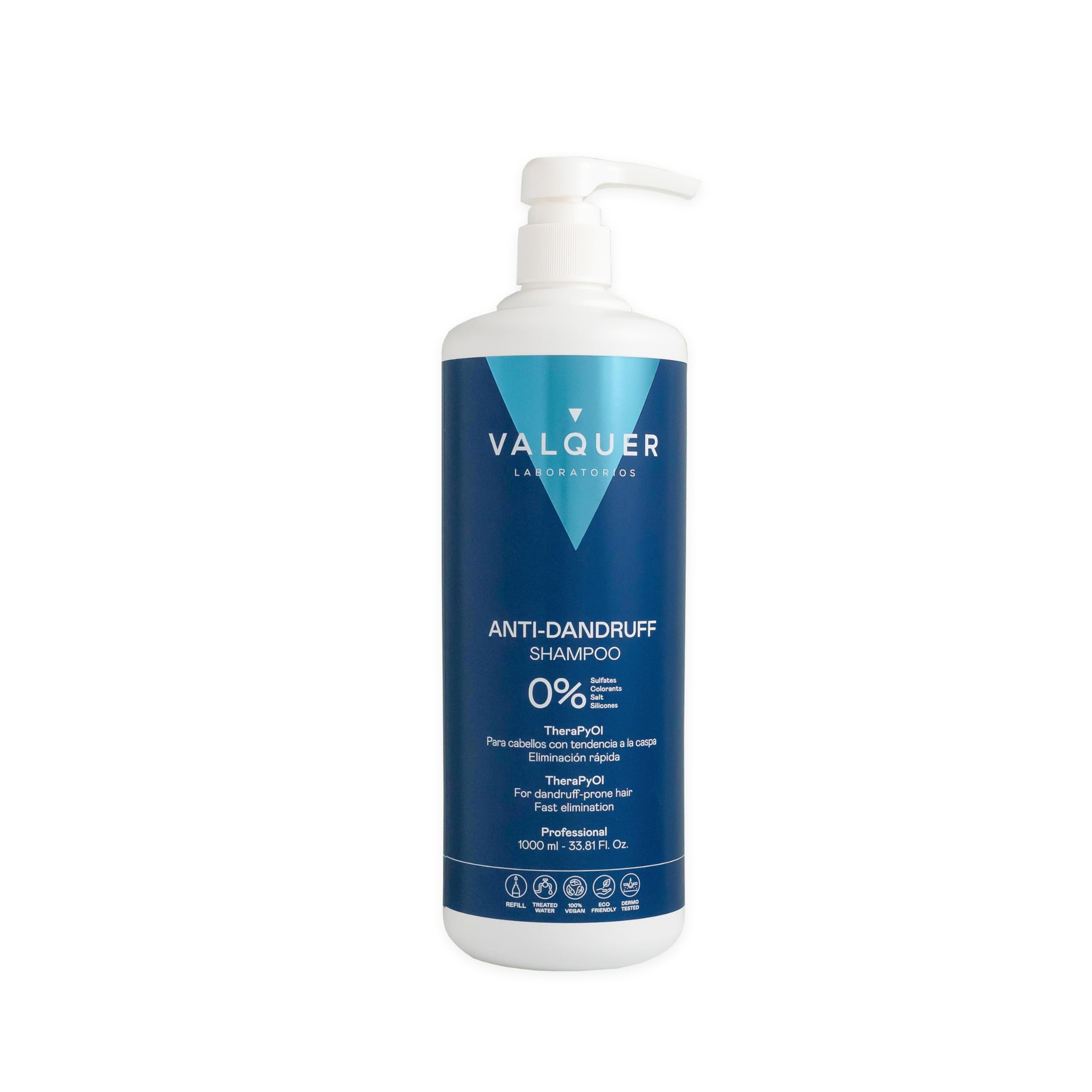 Valquer Zero% Formula Anti-Dandruff Shampoo with Immediate Action. Reduces itching and irritation and balances the scalp. With TheraPyOl, Piroctone Olamine, Panthenol, and Vitamin E. Vegan. 1 L.