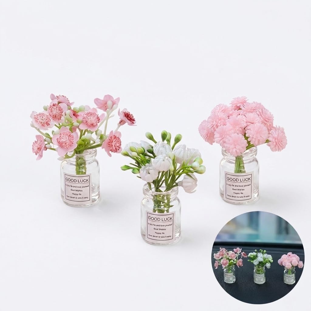 3PCS Mini Flower Vases Car Dashboard Decor, Cute Daisy Cherry Blossom Jasmine Glass Vase Car Dash Ornament, Elegant Exquisite Faux Mini Artificial Flower Auto Interior Accessory for Women Girl