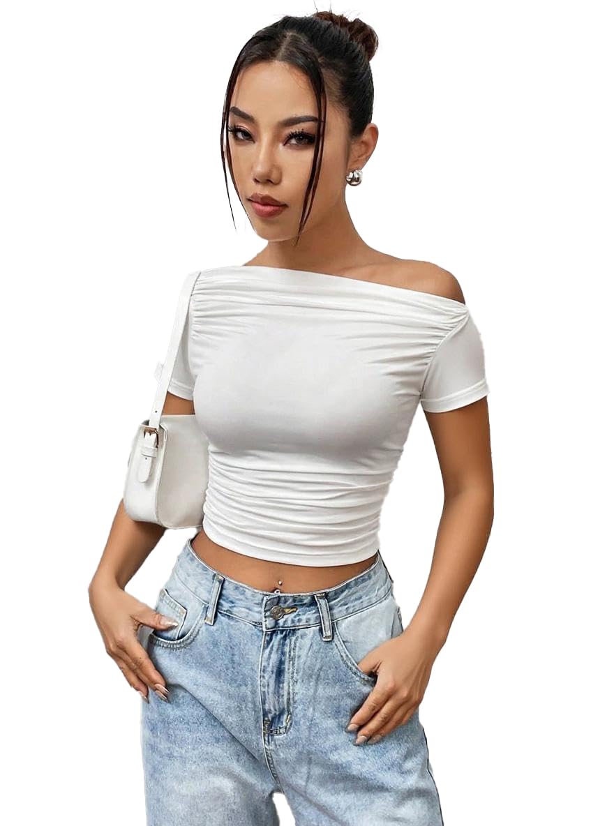 istyle can Women’s Korean Solid Pleated Cropped Top – Asymmetric Collar, Ruched Slim Fit, Half Sleeve Casual Short Top for Girls & Women-picture-20