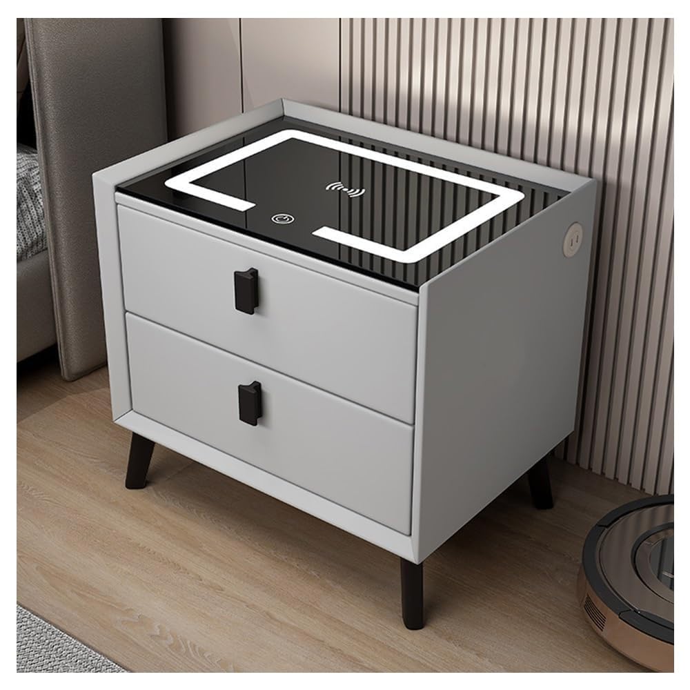 Smart Nightstand Bedside Table with LED Lights Wireless Charging Station USB/Type-C Adjustable Night Stand Modern Bed Side Table for Bedroom Living Room Office (Light Gray)