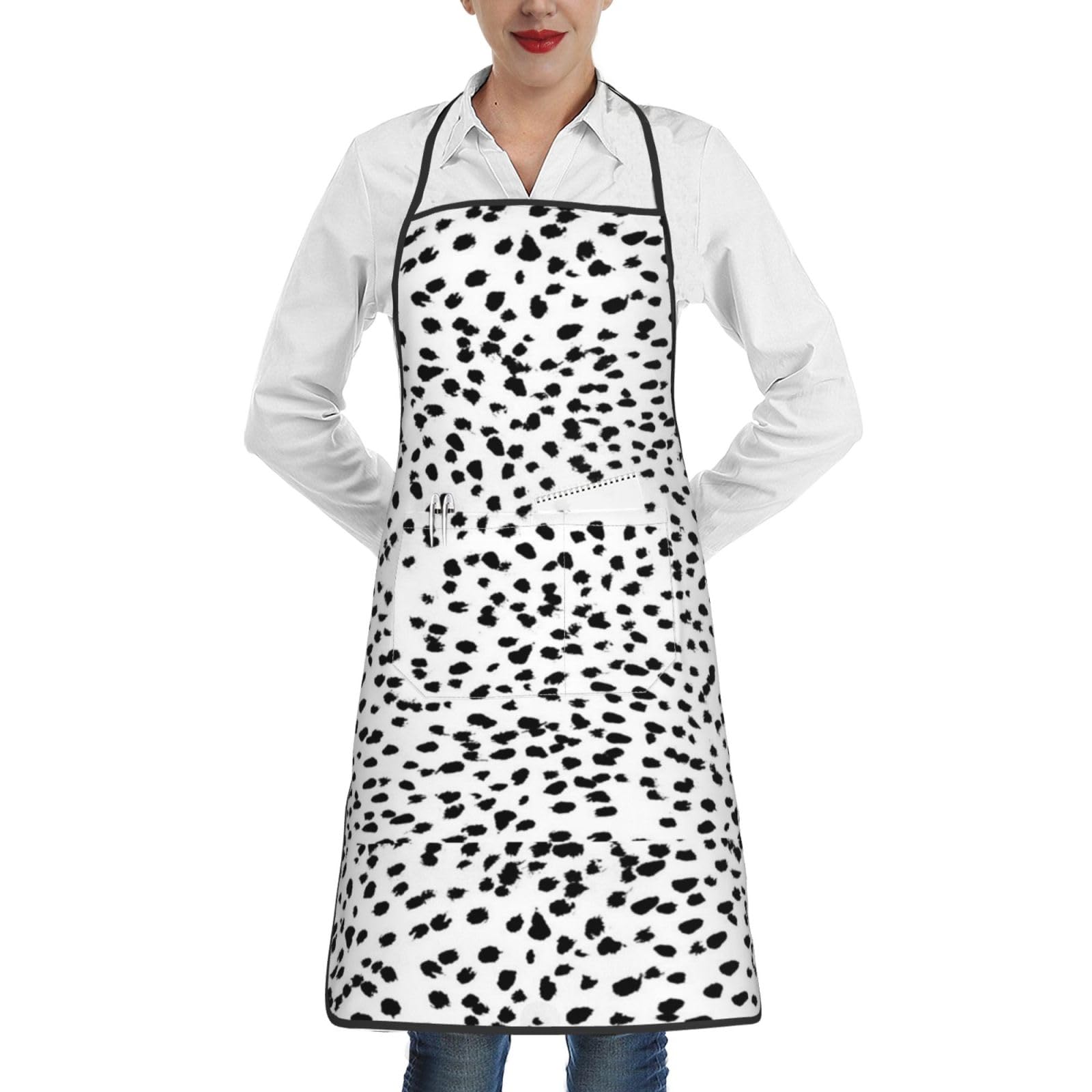 Poadnly Black And White Animal Print Dalmatian Spot Dots, Kitchen Aprons With Pockets,Adjustable Waterproof Chef Cooking Bib Apron