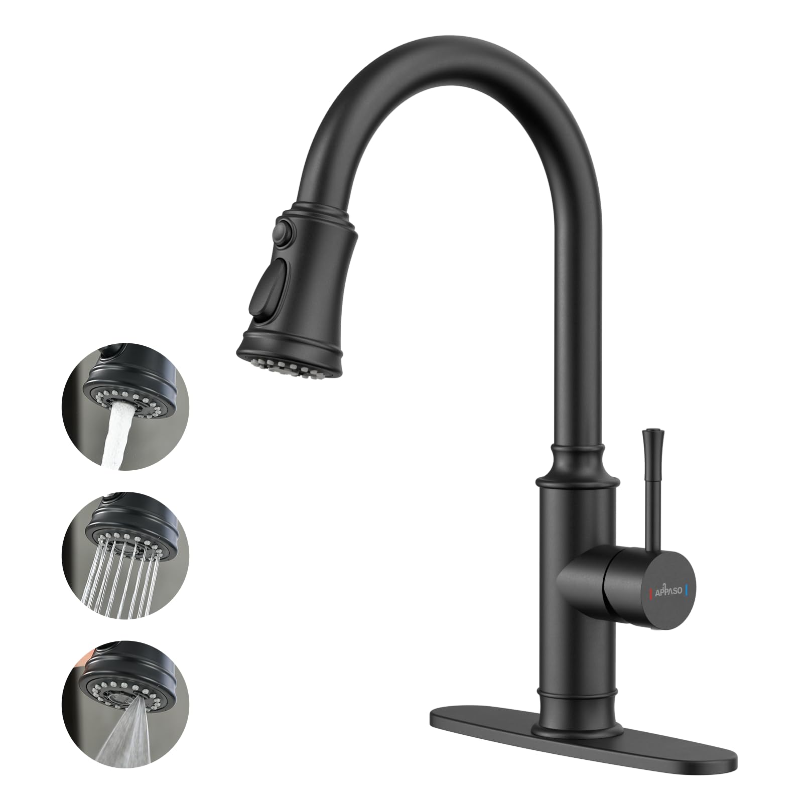 APPASO Black Kitchen Faucets, Kitchen Faucet with Pull Down Sprayer, Stainless Steel, Sink Faucet, Single Handle, High Arc,Pull Down Kitchen Faucet, Matte Black Faucet for Kitchen, RV, Bar