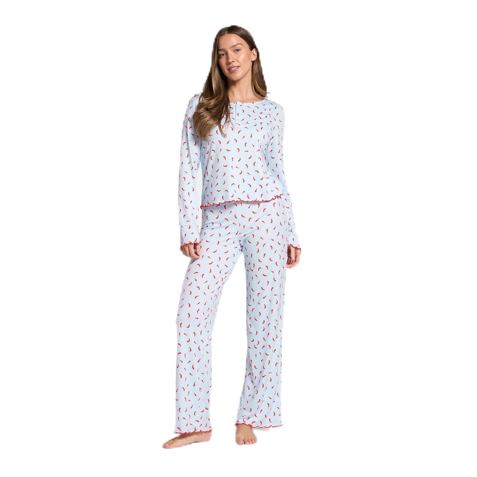 Ohs Women's Baby Blue Pyjamas Chilli Print Lettuce Edge Long Sleeve Round Neck Full Length Bottom Pyjamas Bride Pjs Set Two Piece Button Up Nightwear Sleepwear For - L/Xl