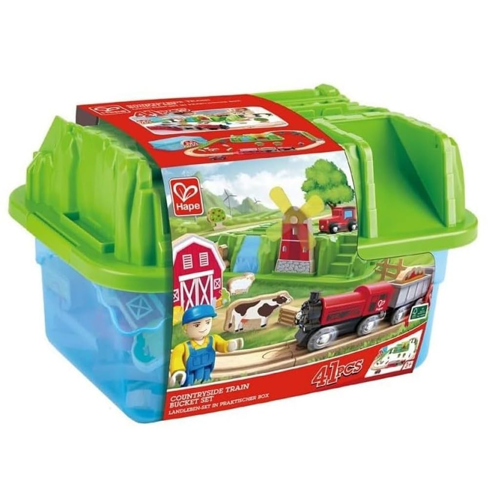 Hape Countryside Train Bucket Set | 41-Piece Wooden Railway Train Set with Farm-Themed Accessories & Storage Box | Imaginative Play, Engineering & Fine Motor Skills Development | Ages 3 Years+