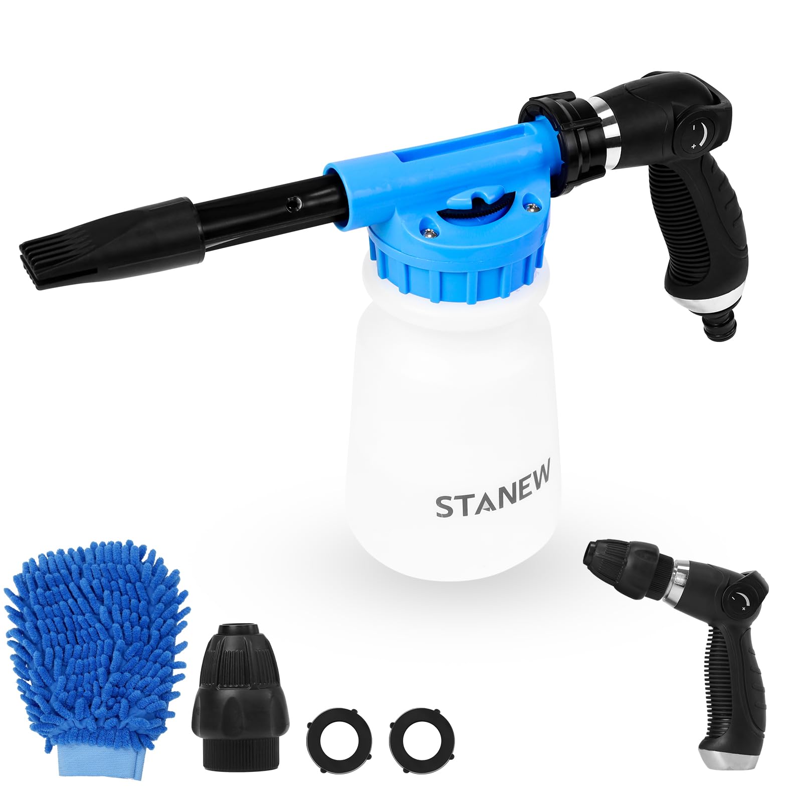 STANEW Pulvérisateur à mousse pour lavage de voiture et pistolet à neige avec tuyau 900 ml pour nettoyer le jardin