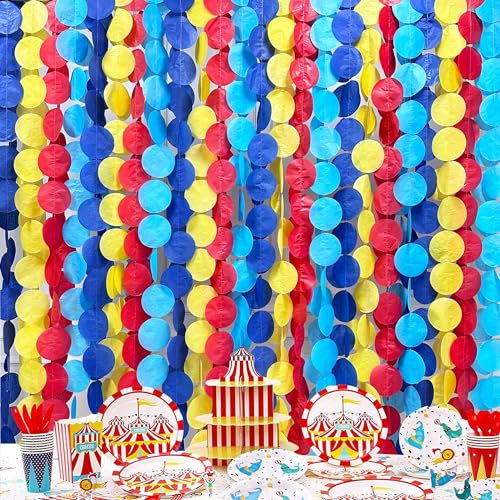 Image of 205Ft Red Blue Yellow Party Decorations Big Polka Dot Tissue Paper Backdrop Streamer Colorful Circle Dots Hanging Garland for Carnival Circus Clown Fiesta Festivals Birthday Party Supplies