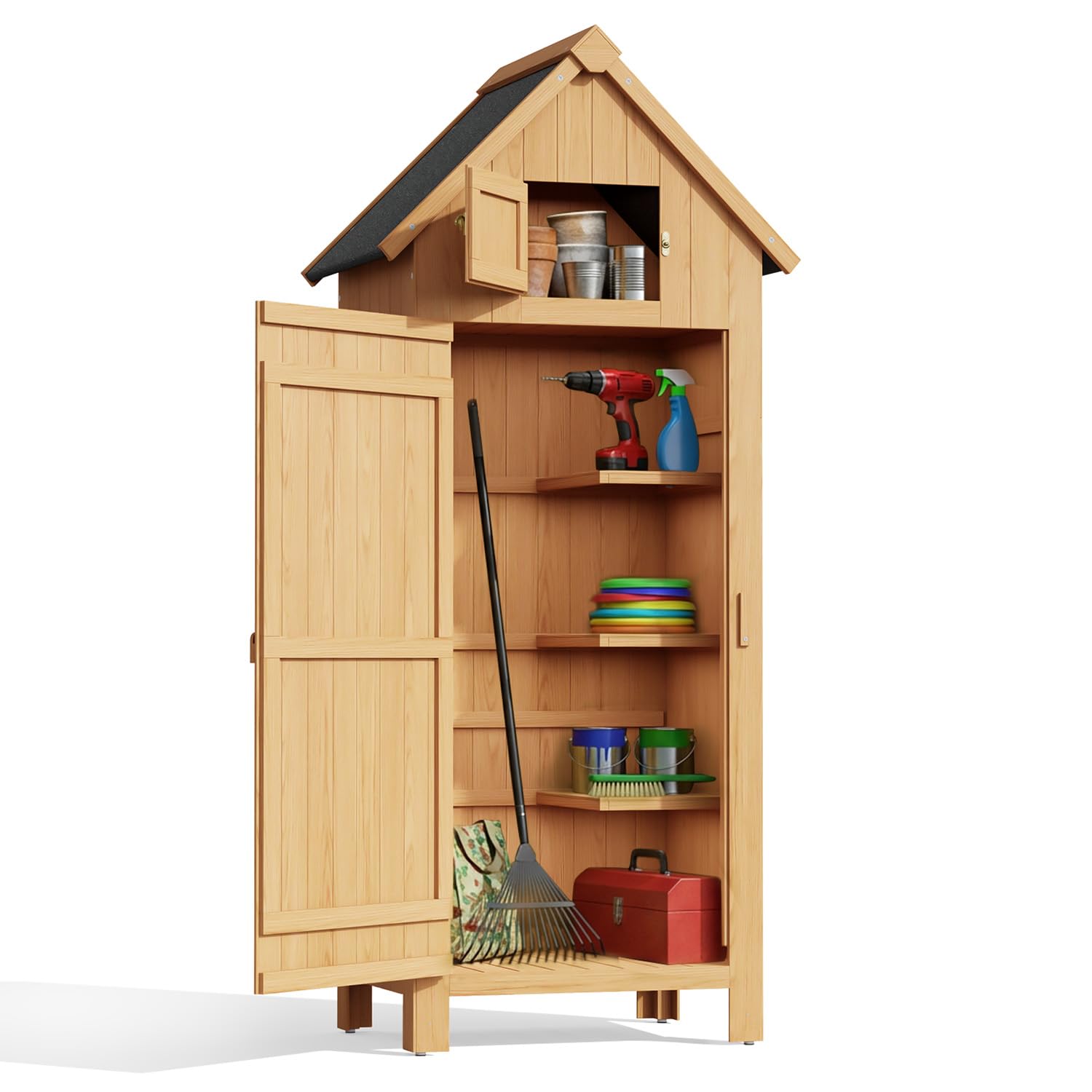 Armoire de Jardin en Bois, Abri à Outils avec Étagères, Rangement pour Outils de Jardin Ventilé à Toit en Bitume, Adapté pour la Pelouse, 77x54,2x179cm, Naturel
