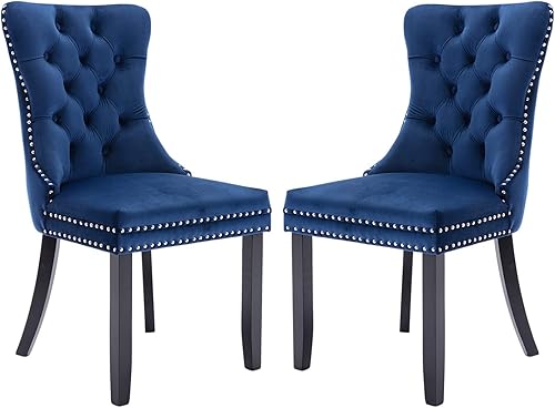 Juego de 2 sillas de comedor copetudas, sillas de comedor de terciopelo con respaldo de botón, ribete de cabeza de clavo, sillas de comedor