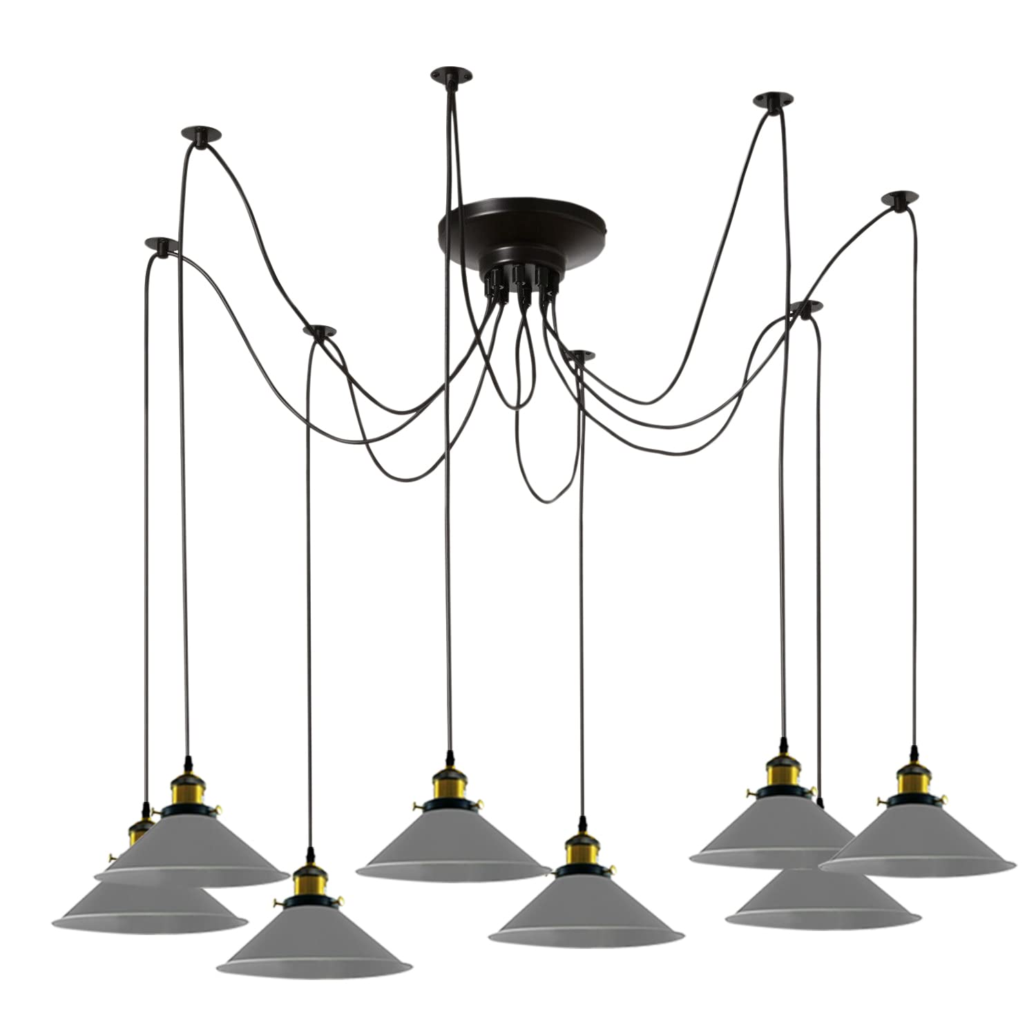 LEDSone 8 Heads Spider Pendant Light Industrial Metal Cone Shades with E27 Lamp Holder Adjustable DIY Vintage Hanging Ceiling Spider Pendant Lamp for Living Room Bedroom Bar Cafe (Grey)