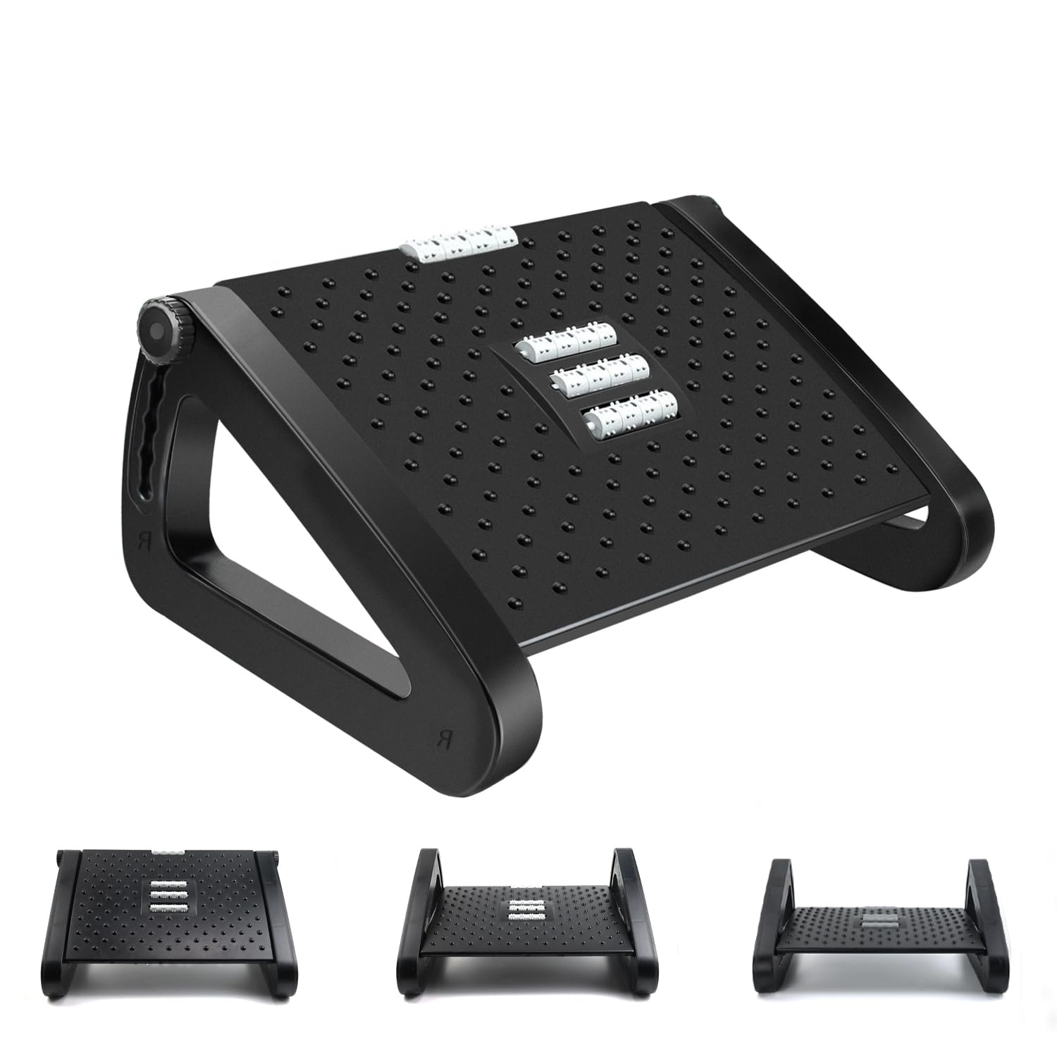 Qcdou Foot Rest Under Desk, Adjustable Office Foot Rest, Ergonomic Foot Stool with Roller Massager, Non-Slip Foot Stool for for Home Working& Office & Travel, Relieve Leg, Knee and Back(Black)