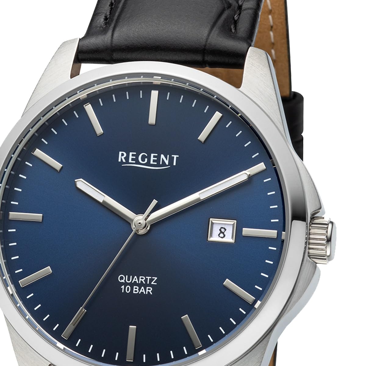 REGENT F-1679 Herrenuhr Edelstahl Silberfarben, Blaues Sunray Zifferblatt, Lederband Schwarz Kroko Look, Quarzwerk, Datum, 39 mm, 10 ATM