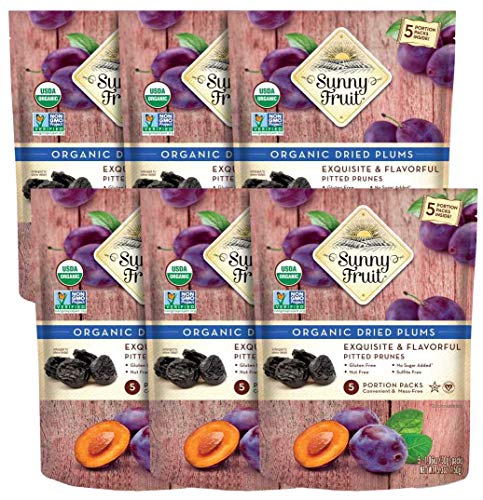 ORGANIC Prunes - Sunny Fruit - (6 Bags) - (5) 1.06oz Portion Packs per Bag | Purely Dried Plums - NO Added Sugars, Sulfurs or Preservatives | NON-GMO, VEGAN & HALAL