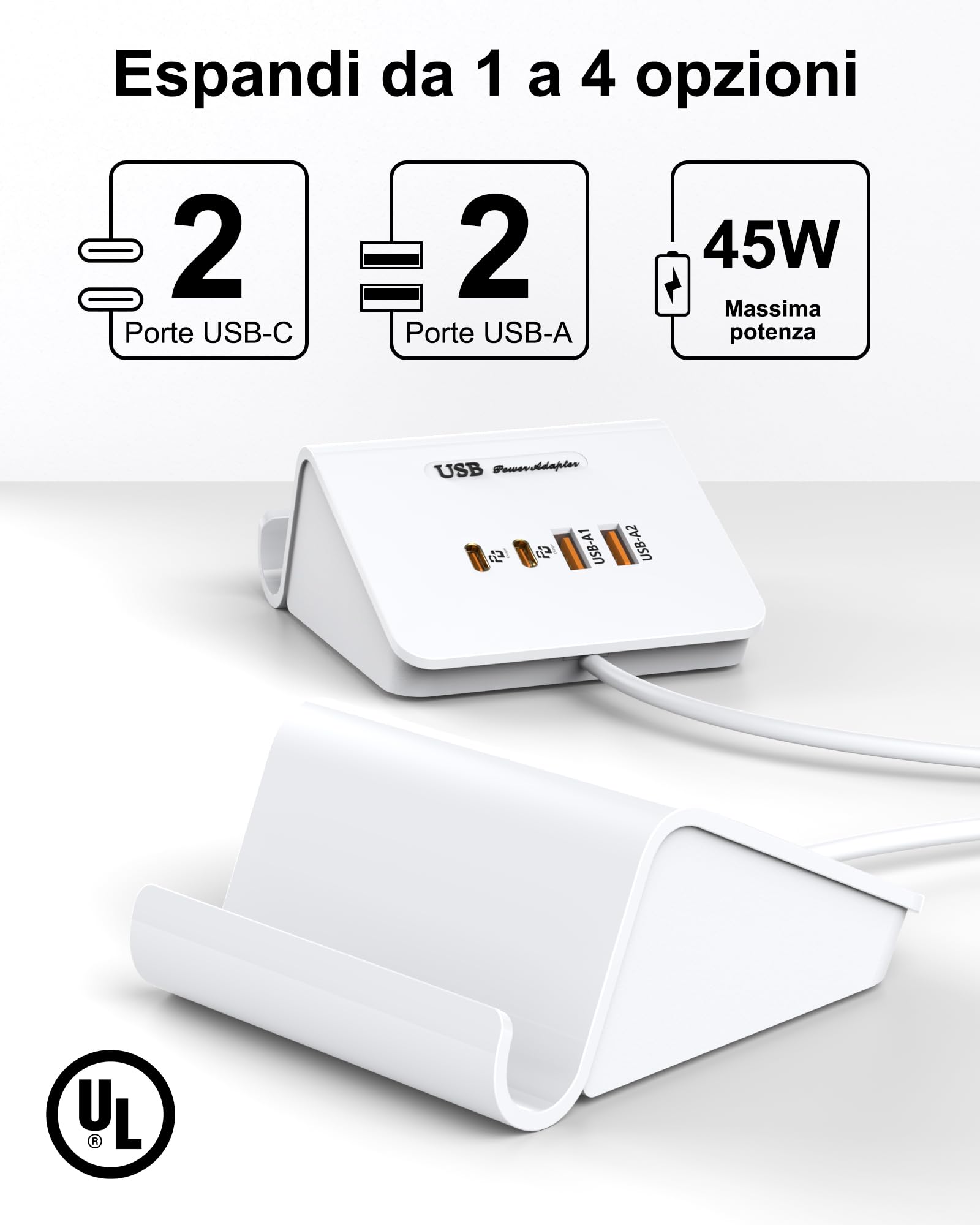 WUKUR Stazione di Ricarica USB C Multipla 45W Caricatore USB Multiplo 4 Port Caricabatterie PD Carica Rapida per iPhone Pad Galaxy Samsung Airpods Pixel Iwatch Redmi (Bianco 45W)