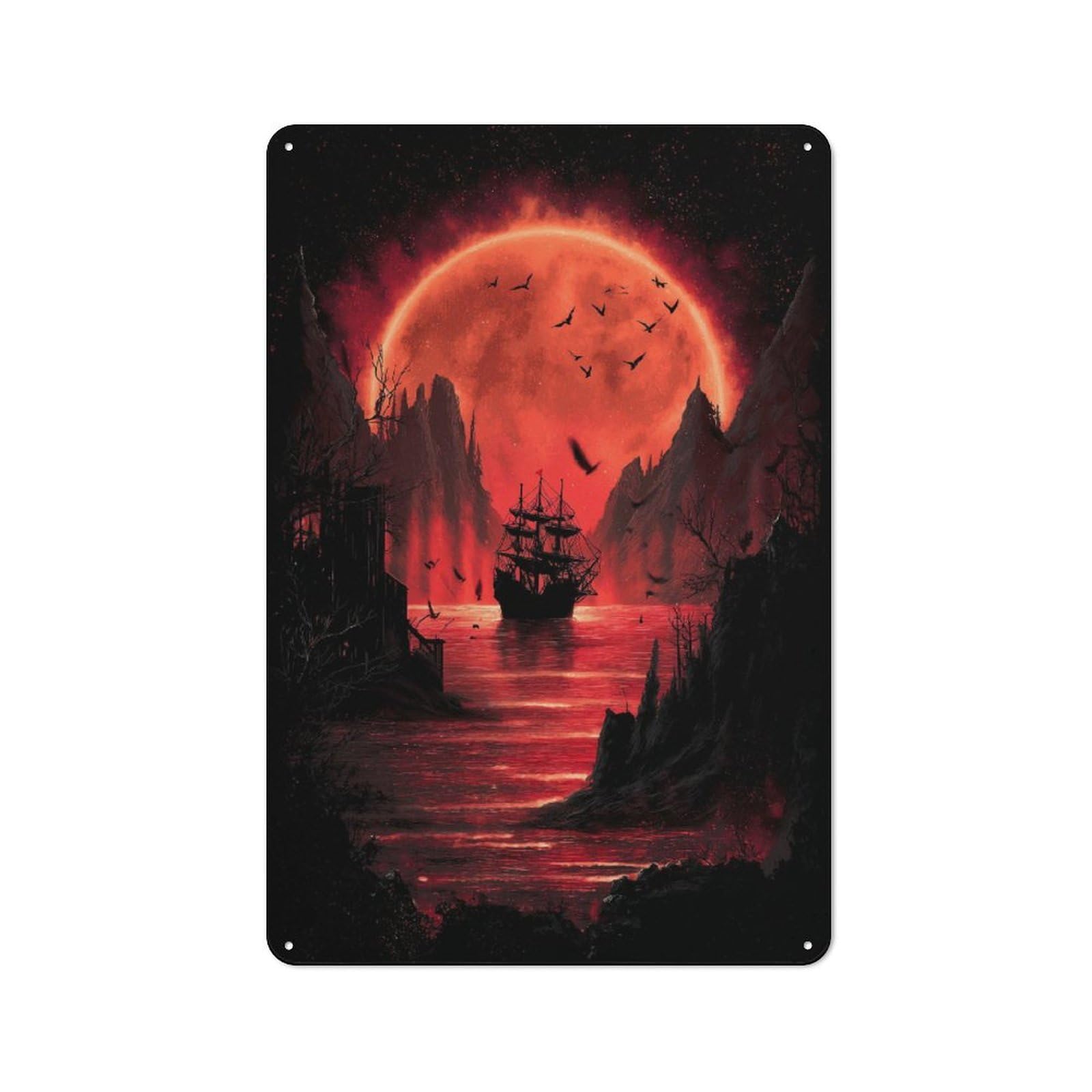 Junmoney Red Moonlit Sea With Sailing Ship Bistro Style Decorative Metal Plaque 30X20cm, Bistro Wall Plaque For Tea Room, Shop Wall Or Breakfast Area