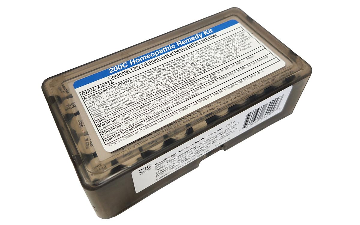 Homeopathy Remedy Kit with 50 Remedies for Common Ailments, Travel Size, 200C Potency