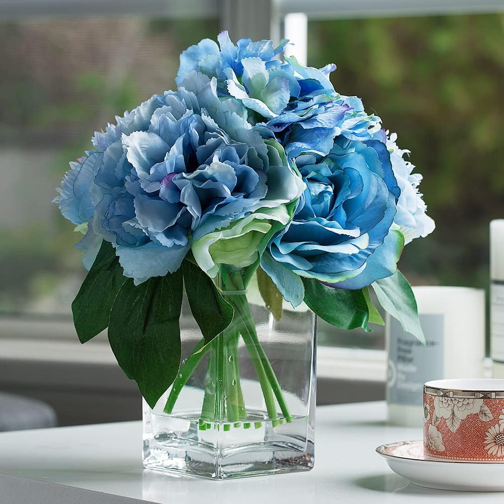 Enova Floral Artificial Flower Arrangement in Vase, Fake Flowers Arrangement with Vase, Mixed Artificial Peony Rose and Hydrangea Silk Flower with Clear Glass Vase for Home Wedding (Blue)