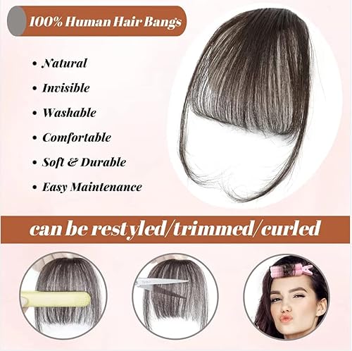 Miniatura 4 de Flequillo con clip, extensiones de cabello humano 100 % real, con flecos, con sienes, flequillo, curvado, flequillo para decoración del cabello