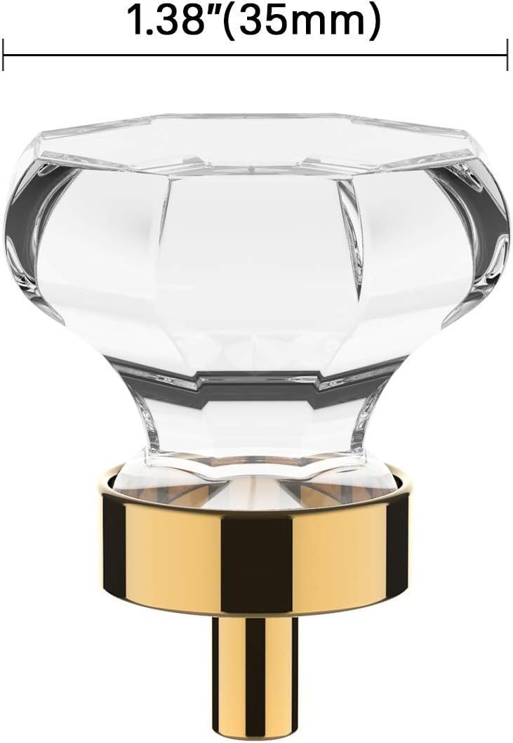 Alzassbg 10 Pack Clear Crystal with Gold Cabinet Knobs, 1-3/8 Inch(35mm) Cabinet Hardware Octagon Glass Crystal Knobs for Drawers AL1021