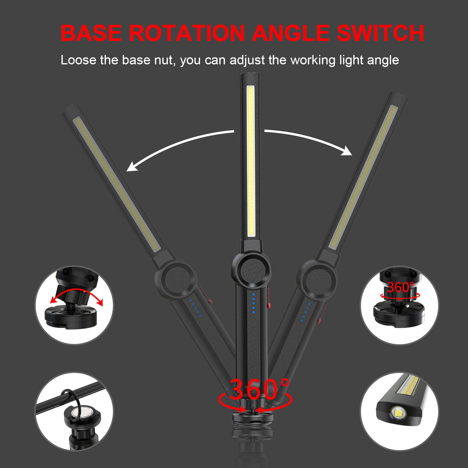 Lampe de Travail LED Rechargeable avec Aimantée et USB Rotation à 360 degrés, Lampe Inspection LED Rechargeable, Lampe D'inspection pour Atelier de Ménage Camping en Plein Air Randonnée (Noir-Z)