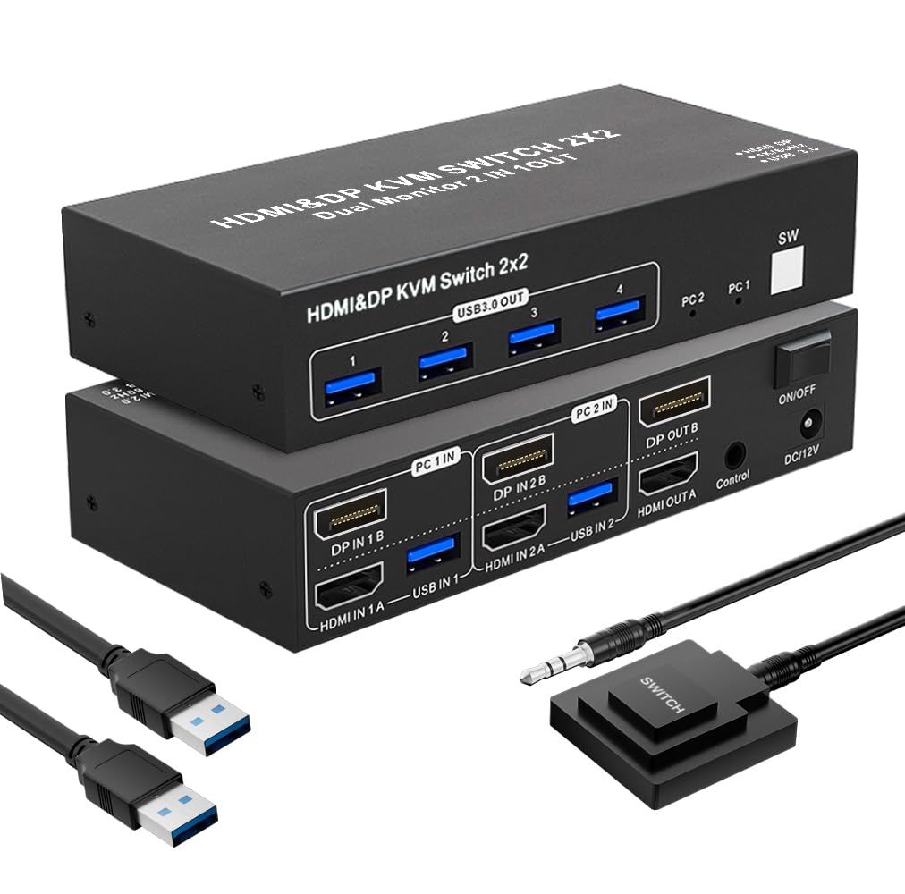 USB 3.0 Displayport + HDMI KVM Switch Dual Monitor 2x2, BolAAzuL 4K@60Hz KVM Switch 2 PC 2 Monitore mit 4 USB 3.0, KVM Switch DP 1.4 + HDMI 2.0 für 2 PC Teilen Maus, Tastatur und Monitor