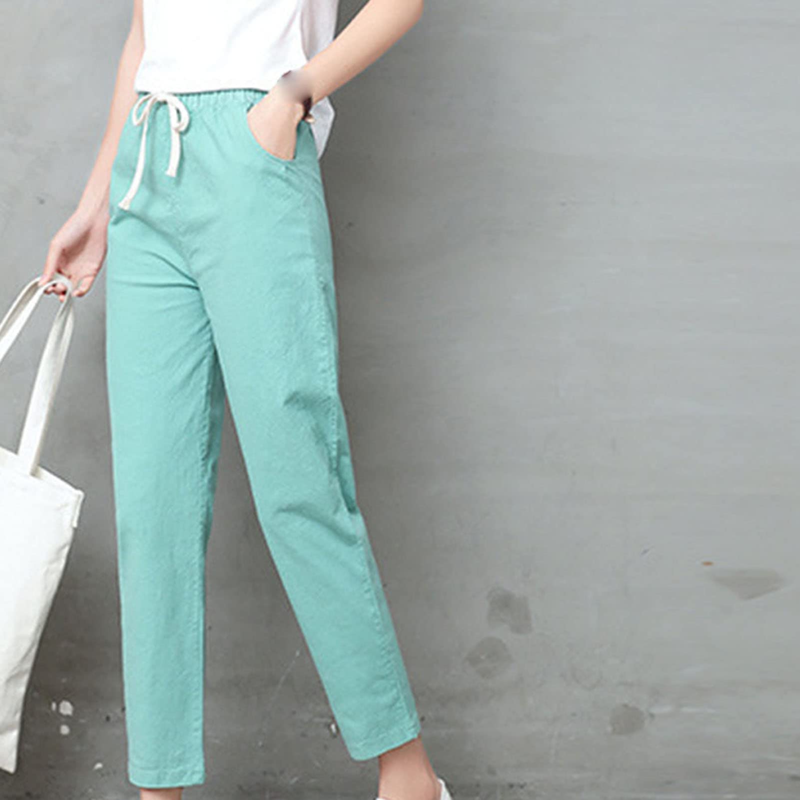 Maiyifu-GJ Women's Linen Drawstring Cropped Pants Summer Soft Casual Elastic Waist Trousers Tapered Cropped Pant with Pockets (Cyan,XX-Large)