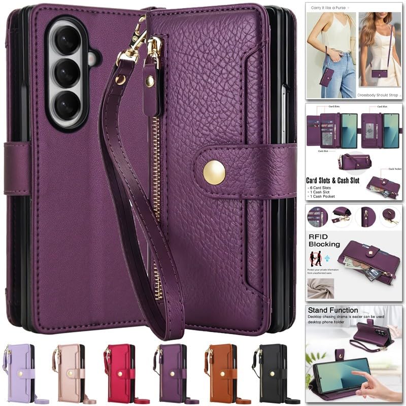 Étui portefeuille Samsung Galaxy Z Fold 3 rouge à fermeture éclair pour tout ranger