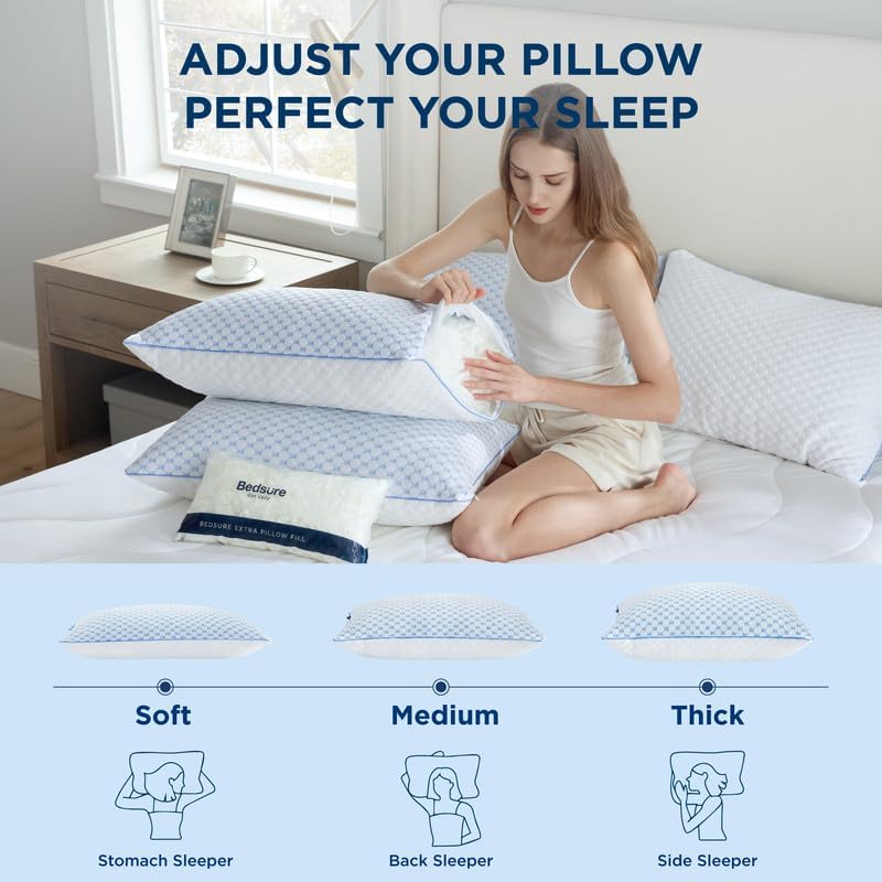 Bedsure Cooling Bed Pillows for Sleeping, Shredded Memory Foam Queen Pillows, Set of 2, Luxury Cover Made of Rayon Derived from Bamboo, Adjustable Firmness for Side, Back, Stomach, and Hot Sleepers - Image 4