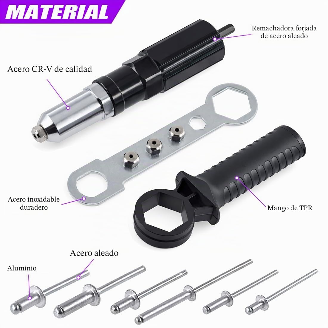 Swpeet - Kit de adaptador de pistola de remache eléctrica de aleación de acero negro de 211 piezas, incluye cabeza de remache de 2,4/3,2/4,0/4,8 mm de diámetro y llave de mango con kit de remaches