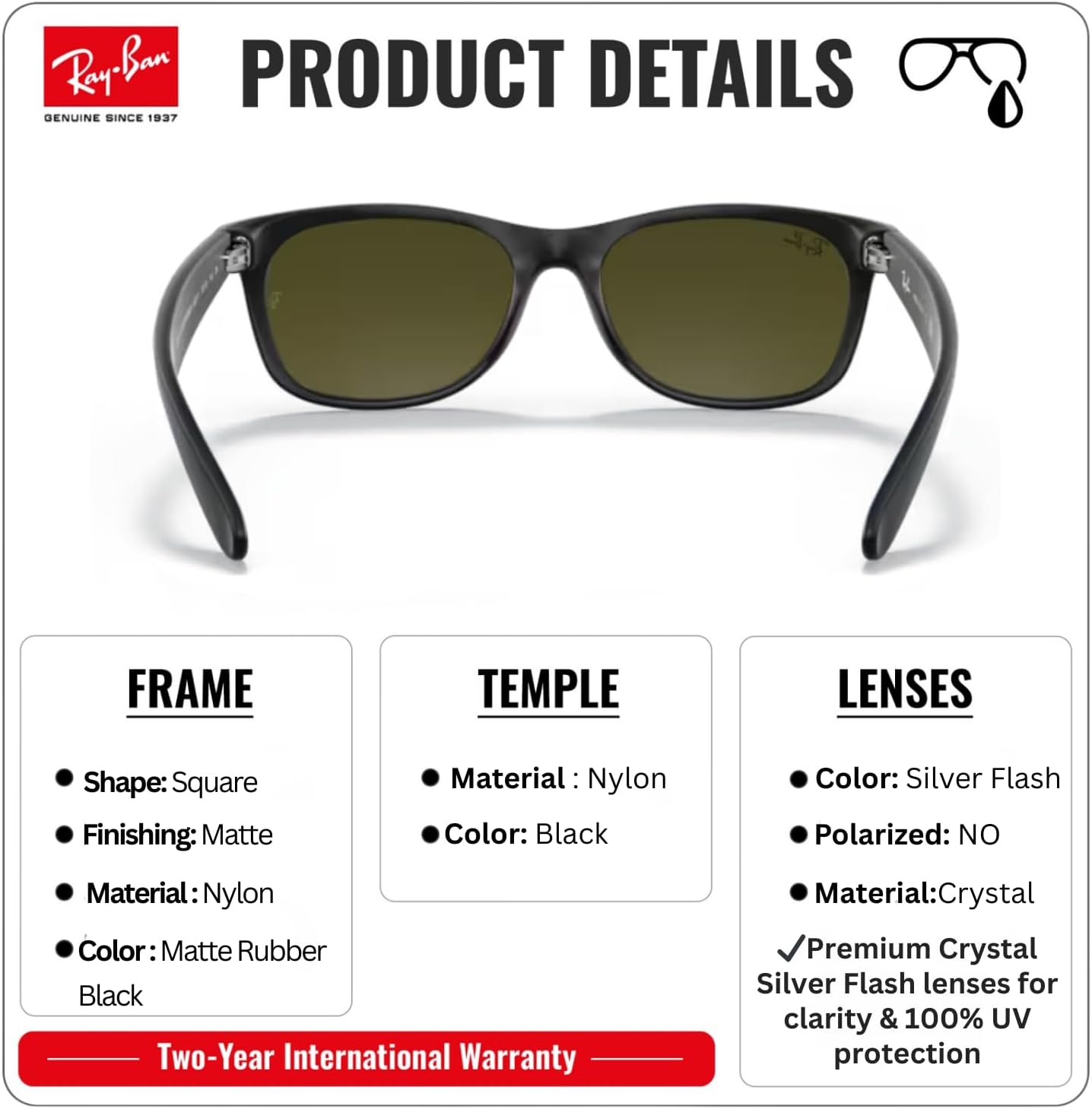 Ray-Ban RB2132 NEW WAYFARER FLASH Square Shaped Sunglasses for Men & Women with Official RAYBAN Eyewear Kit