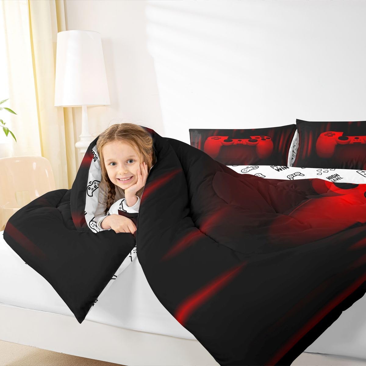 Feelyou Boys Gamer Comforter Set Full Size Gaming Bedding Set Kids Video Games Comforter for Teen Child Gamer Room Decor Super Soft Red Black Bed Set Microfiber Game Geometric Duvet Quilted Gamer Gift - Image 7