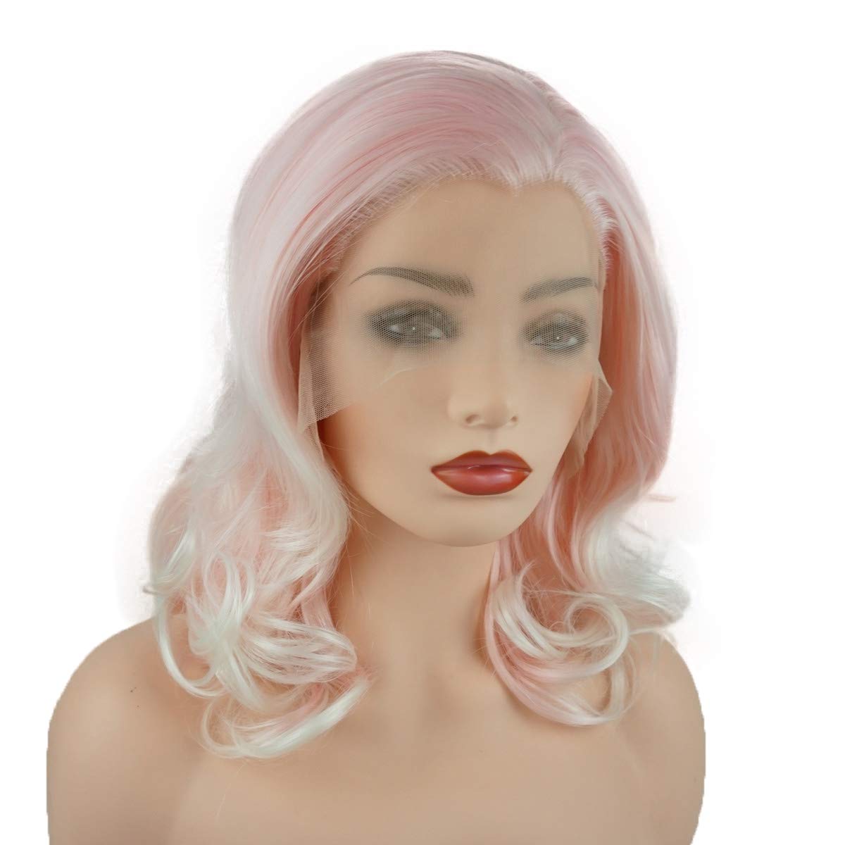 Hair Wavy Shoulder Length 16inch Pink and White Ombre Half Hand Tied Heavy Density Realistic Synthetic Lace Front Wig