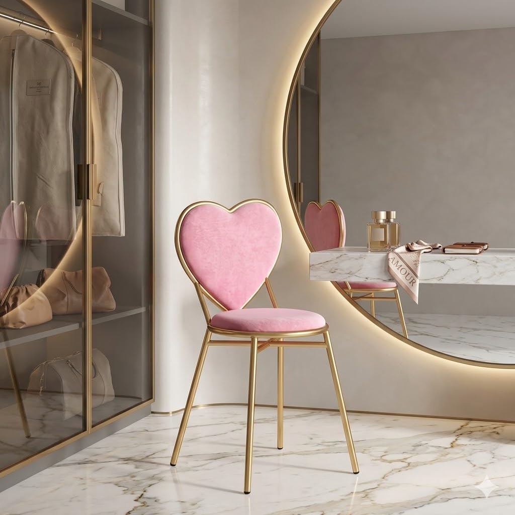 Desert Wood Arts Pink Velvet Heart Shape Chair with Gold Metal Legs | Stylish Cushioned Vanity Chair | Modern Accent Desk Chair for Home, Bedroom, Makeup, Office | Velvet Upholstery - Metal Frame-image-46