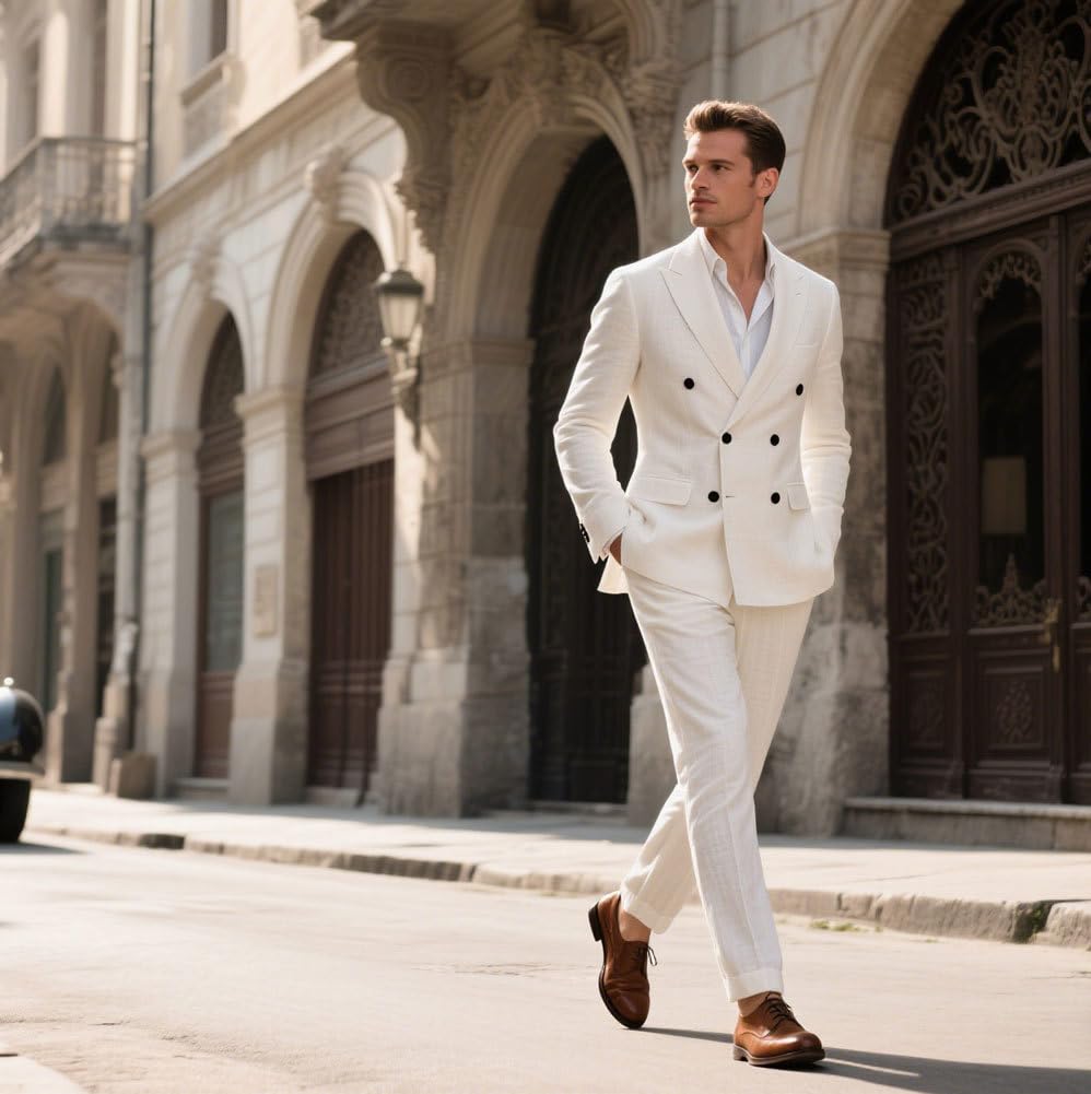 Completo doppio petto da uomo in lino 2 pezzi leggero smoking blazer pantaloni set Prom Suit