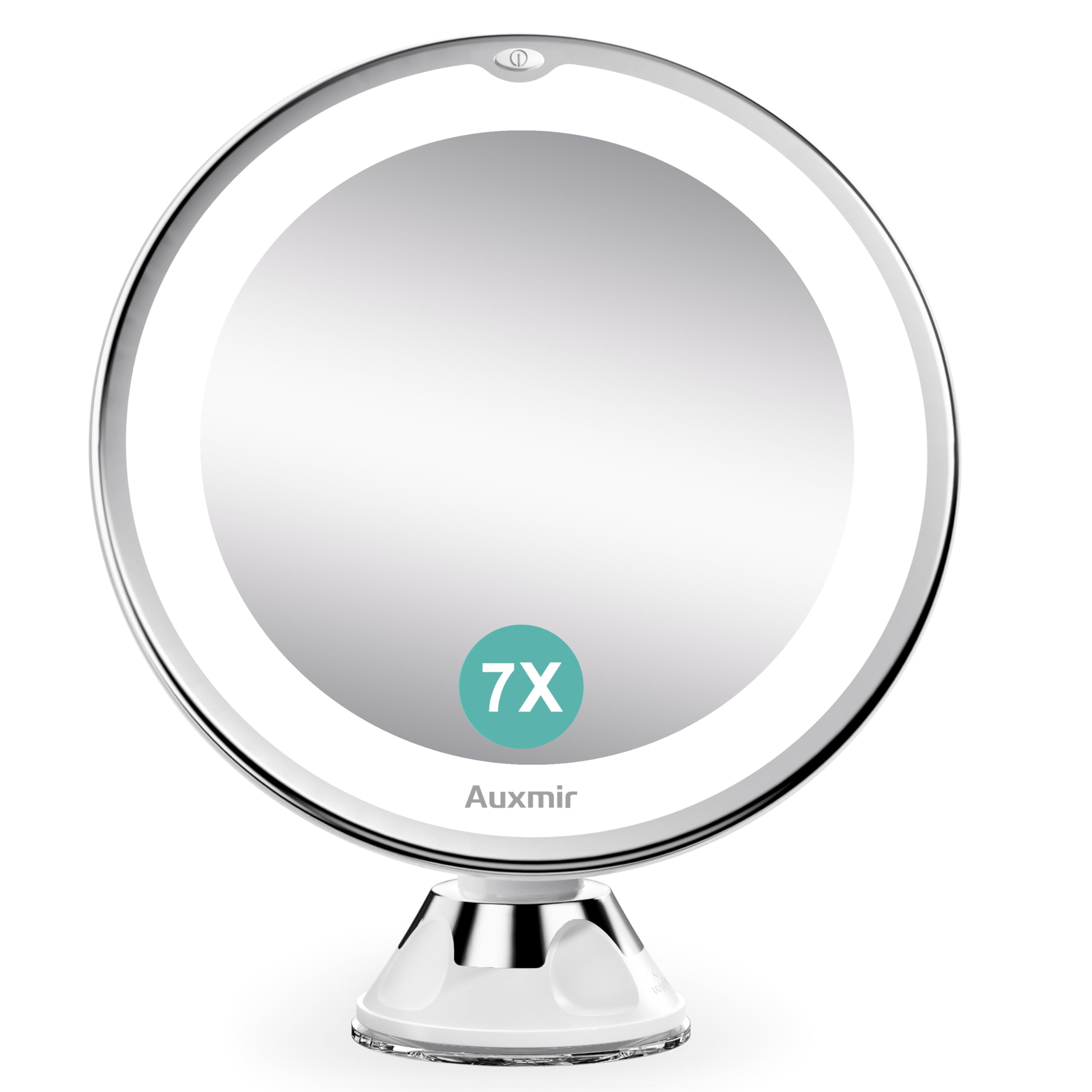 Auxmir Espejo Maquillaje con Luz 7X para Pared, Espejo Aumento Ventosa, Giratorio 360, Portátil para Ducha Baño Viaje Afeitado Depilación Cejas, Redondo, Blanco
